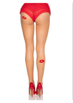 Load image into Gallery viewer, Leg Avenue Spandex Sheer Tights with Embroidered Kiss Accents - Nude/Red - One Size
