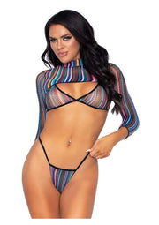 Leg Avenue Striped Fishnet Bikini Top, G-String Panty, and Long Sleeved Crop Top - Multicolor - One Size
