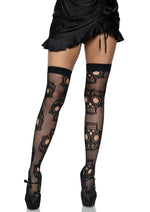 Load image into Gallery viewer, Leg Avenue Sugar Skull Net Thigh Highs - Black - One Size
