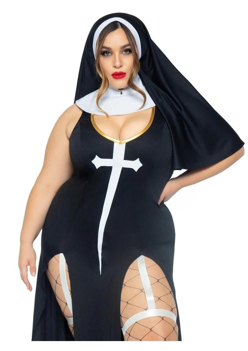 Leg Avenue Sultry Sinner Dual Slit Garter Dress with Vinyl Cross Detail, Vinyl Collar, and Nun Habit - Black/White - Queen/XLarge/XXLarge - 3 Piece