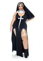Load image into Gallery viewer, Leg Avenue Sultry Sinner Dual Slit Garter Dress with Vinyl Cross Detail, Vinyl Collar, and Nun Habit - Black/White - Queen/XLarge/XXLarge - 3 Piece