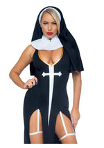Load image into Gallery viewer, Leg Avenue Sultry Sinner Dual Slit Garter Dress with Vinyl Cross Detail, Vinyl Collar, and Nun Habit - Black/White - Small - 3 Piece