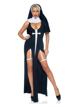 Load image into Gallery viewer, Leg Avenue Sultry Sinner Dual Slit Garter Dress with Vinyl Cross Detail, Vinyl Collar, and Nun Habit - Black/White - Small - 3 Piece