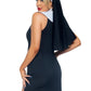 Leg Avenue Sultry Sinner Dual Slit Garter Dress with Vinyl Cross Detail, Vinyl Collar, and Nun Habit