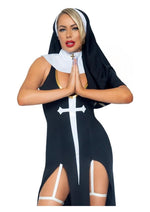 Load image into Gallery viewer, Leg Avenue Sultry Sinner Dual Slit Garter Dress with Vinyl Cross Detail, Vinyl Collar, and Nun Habit
