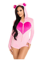 Load image into Gallery viewer, Leg Avenue Sweetheart Bear Velvet Zip Up Romper with Heart Accent - Pink - Large