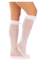 Load image into Gallery viewer, Leg Avenue Sweetheart Knit Knee Highs with Lace Ruffle Cuff - White - One Size