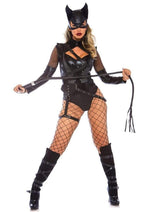 Load image into Gallery viewer, Leg Avenue Villainess Vixen Spandex Strappy Bodysuit with O-Ring Attached Garter and Matching Hooded Mask