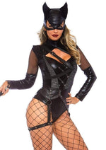 Load image into Gallery viewer, Leg Avenue Villainess Vixenspandex Strappy Bodysuit with O-Ring Attached Garter and Matching Hooded Mask - Black - Small - 2 Piece