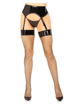 Load image into Gallery viewer, Leg Avenue Vinyl Garter Belt with Attached Fishnet Stockings and Matching G-String Panties - Black - Large/Medium - 2 Piece
