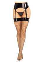 Load image into Gallery viewer, Leg Avenue Vinyl Garter Belt with Attached Fishnet Stockings and Matching G-String Panties
