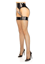 Load image into Gallery viewer, Leg Avenue Vinyl Garter Belt with Attached Fishnet Stockings and Matching G-String Panties - Black - Medium/Small - 2 Piece
