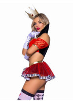 Load image into Gallery viewer, Leg Avenue Wicked Wonderland Queen Tow-Tone Boned Crop Top with Stay Up Collar and Broach Accent, Garter Panty with Peplum Skirt, and Crown Headband - Black/Red - XSmall - 3 Piece