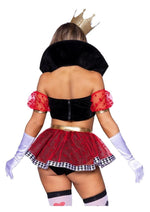 Load image into Gallery viewer, Leg Avenue Wicked Wonderland Queen Tow-Tone Boned Crop Top with Stay Up Collar and Broach Accent, Garter Panty with Peplum Skirt, and Crown Headband