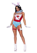 Load image into Gallery viewer, Leg Avenue Wonderland White Rabbit Snap Crotch Garter Bodysuit with Glitter Heart Detail and Attached Pocket Watch, Neck Ruffle, Bunny Ear Headband, and Pin-On Bunny Tail