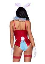 Load image into Gallery viewer, Leg Avenue Wonderland White Rabbit Snap Crotch Garter Bodysuit with Glitter Heart Detail and Attached Pocket Watch, Neck Ruffle, Bunny Ear Headband, and Pin-On Bunny Tail