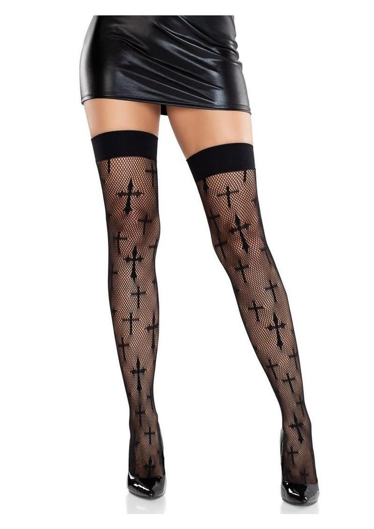 Leg Avenue Worship Me Cross Net Thigh Highs - Black - One Size