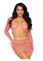 Load image into Gallery viewer, Leg Avenue Zig Zag Net Gauntlet Sleeve Crop Top and Mini Skirt - Pink - One Size - 2 Piece