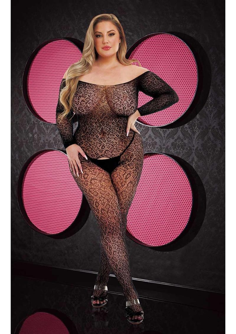 Long Sleeve Lace Bodystocking - Black - Queen/XLarge