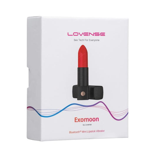 Photo of the  Exomoon Lipstick Vibe (red), from Lovense, in its box.