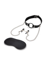 Lux Fetish Open Mouth Gag with Nipple Clips - Black