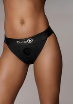 Load image into Gallery viewer, Ouch! Vibrating Strap-On Panty Harness with Open Back Rechargeable - Black - Large/Medium