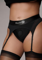 Load image into Gallery viewer, Ouch! Vibrating Strap-On Thong with Adjustable Garters Rechargeable - Black - XLarge/XXLarge