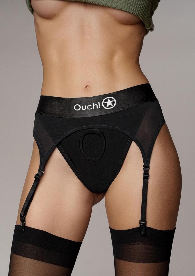 Ouch! Vibrating Strap-On Thong with Adjustable Garters Rechargeable - Black - Small/XSmall