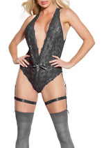 Load image into Gallery viewer, Pink Pussycat Crotchless Teddy - Black - One Size