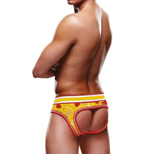 Photo of the back of a model wearing the Prowler Fruits Open Brief (yellow).