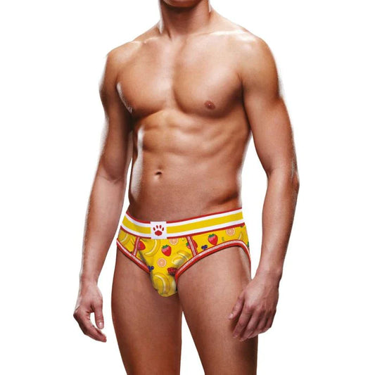 Photo of a model wearing the Prowler Fruits Open Brief (yellow).