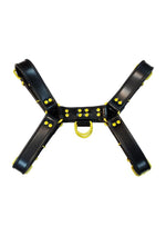 Load image into Gallery viewer, Rouge Leather Over The Head Harness Black with Yellow Accessories - Black/Yellow - Large