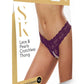 Secret Kisses Lace and Pearl Crotchless Thong - Black/Purple - Large/Medium