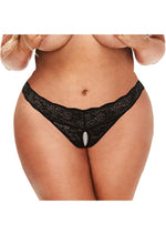 Load image into Gallery viewer, Secret Kisses Lace and Pearl Crotchless Thong - Black - Queen

