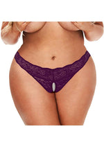 Load image into Gallery viewer, Secret Kisses Lace and Pearl Crotchless Thong - Purple - Queen
