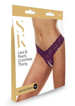 Load image into Gallery viewer, Secret Kisses Lace and Pearl Crotchless Thong - Purple - Medium/Small
