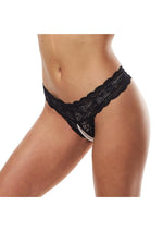Load image into Gallery viewer, Secret Kisses Lace and Pearl Crotchless Thong - Black - Large/Medium
