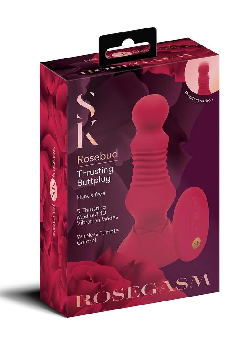 Secret Kisses Remote Control Thrusting Rechargeable Silicone Rosebud Buttplug - Red