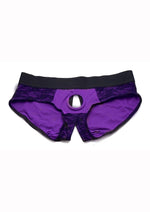 Load image into Gallery viewer, Strap U Lace Envy Lace Crotchless Panty Harness - Black/Purple - Medium/Small
