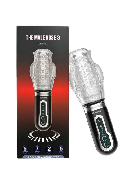 The Male Rose 3 Rechargeable Thrusting Rotating Masturbator - Black/Clear