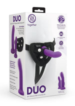 Load image into Gallery viewer, Together Toys Duo Silicone 5.5in, 7.75in Dildos and Harness - Black/Purple - Set