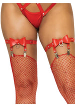 Load image into Gallery viewer, Vegan Leather Thigh High Bow Garter with Adjustable Straps and Heart Ring Accent - Red - One Size

