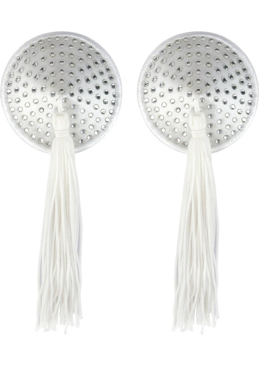 White satin and stone pasties with white tassels.
