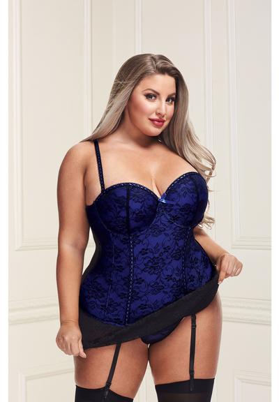 Photo of a plus size woman wearing the bustier and thigh highs (not included) in blue.