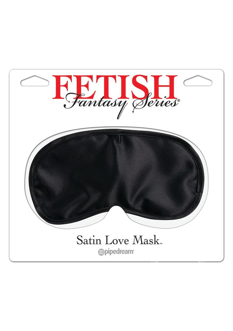 Photo shows the Fetish Fantasy Satin Love Mask from Pipedreams (black) in its package.