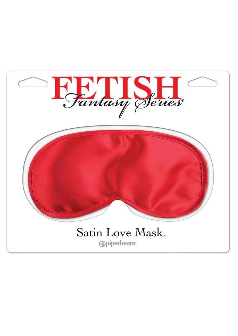 Photo shows the Fetish Fantasy Satin Love Mask from Pipedreams (red) in its package.