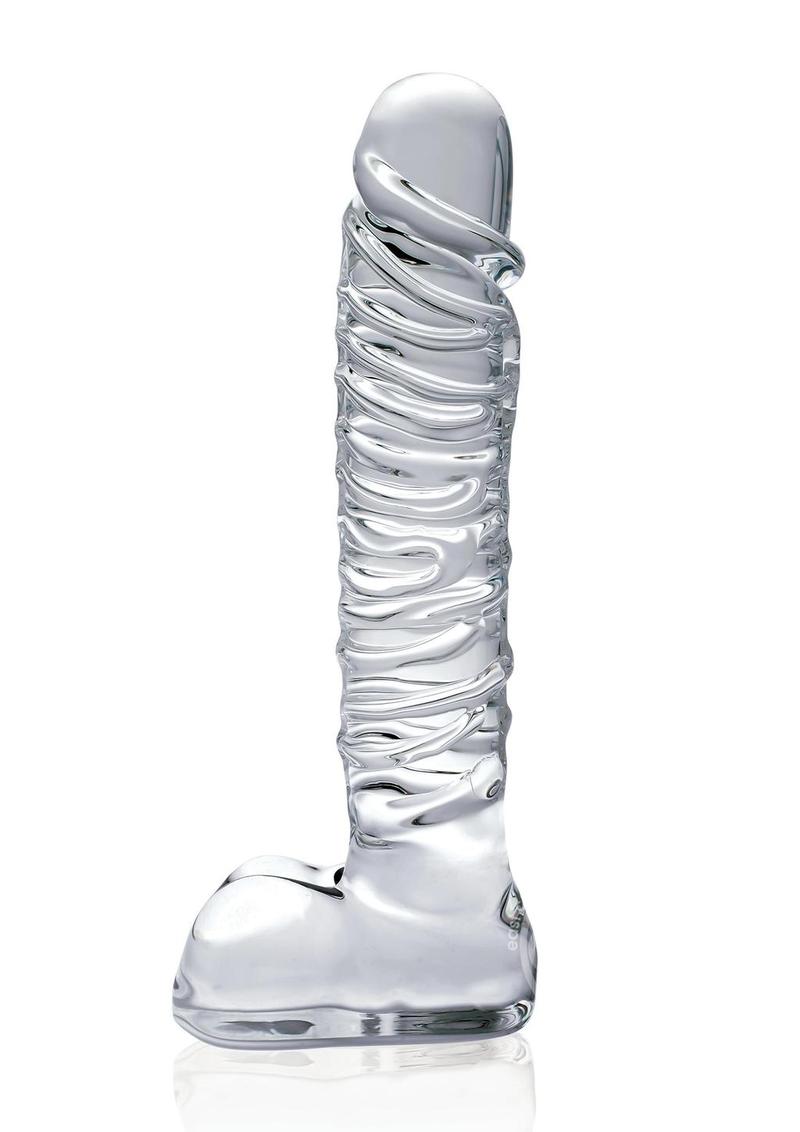 Profile view of the Icicles No. 63 Textured Glass Dildo w/ Balls from Pipedreams (clear) shows its textured design.