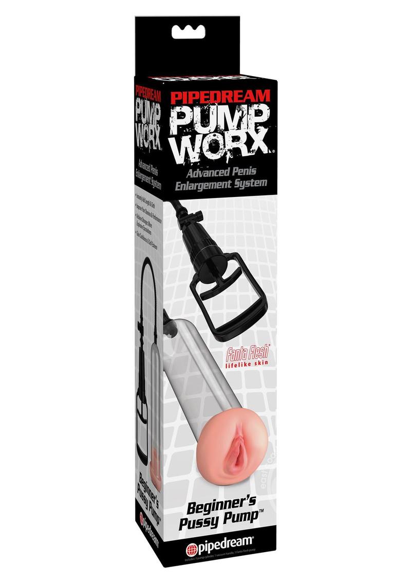 Photo of the front of the box for the Pump Worx Beginner's Pussy Pump Enlargement System from Pipedreams.