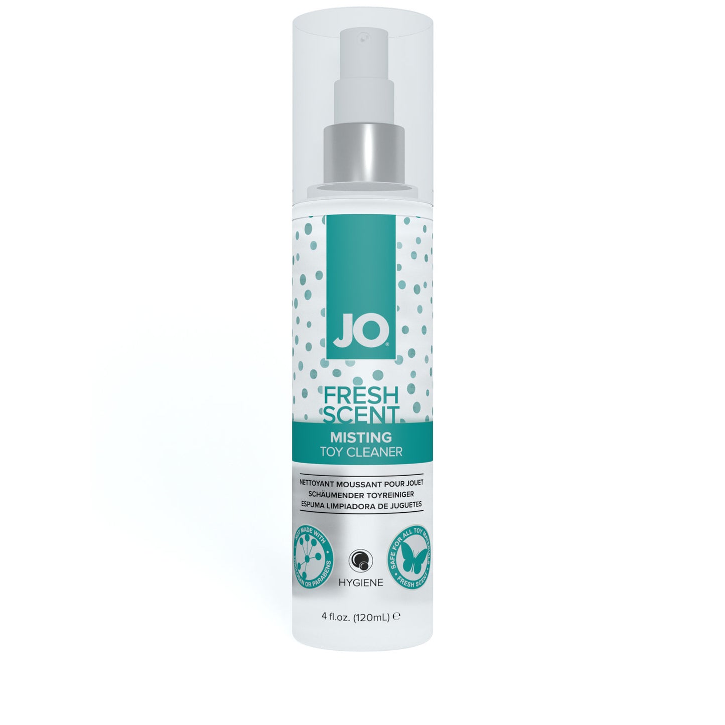 Photo of the front of the bottle for the System JO Misting Toy Cleaner in Fresh Scent (4oz).