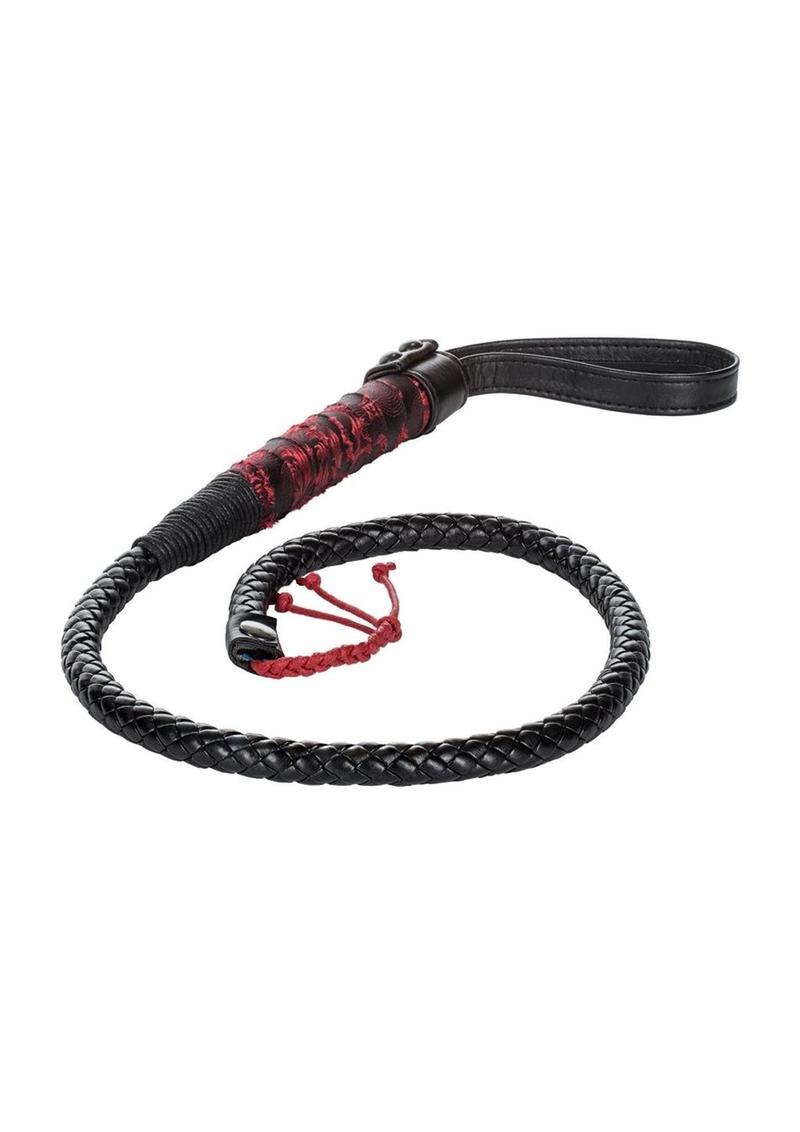 Photo of the Scandal Bull Whip (black/red) from CalExotics, with its braided texture and red tip for maximum impact.
